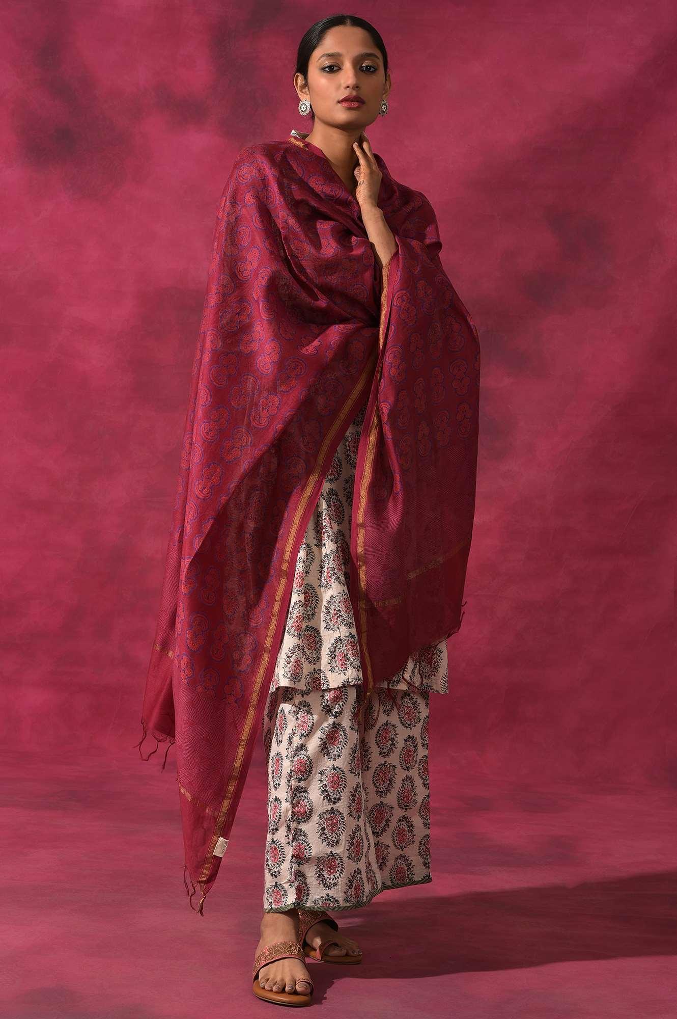 Dark Pink Hand Block Printed Cotton Silk Drape - wforwoman