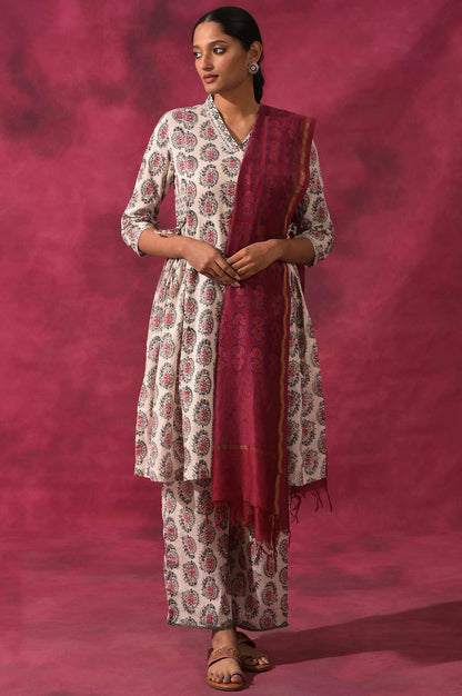 Dark Pink Hand Block Printed Cotton Silk Drape - wforwoman