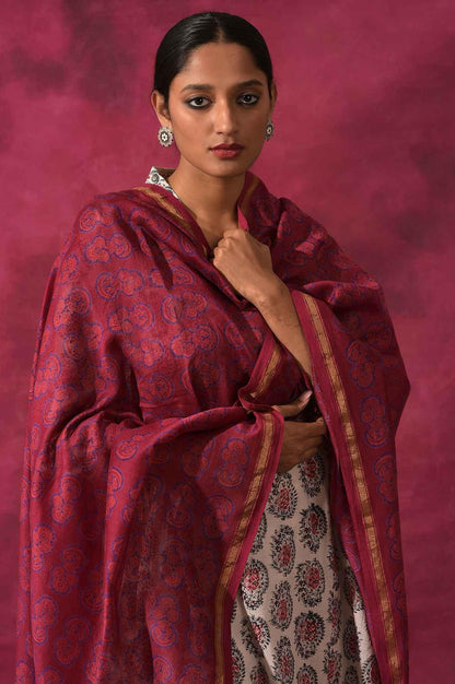 Dark Pink Hand Block Printed Cotton Silk Drape - wforwoman