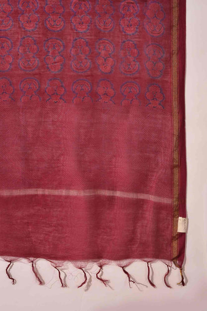 Dark Pink Hand Block Printed Cotton Silk Drape - wforwoman