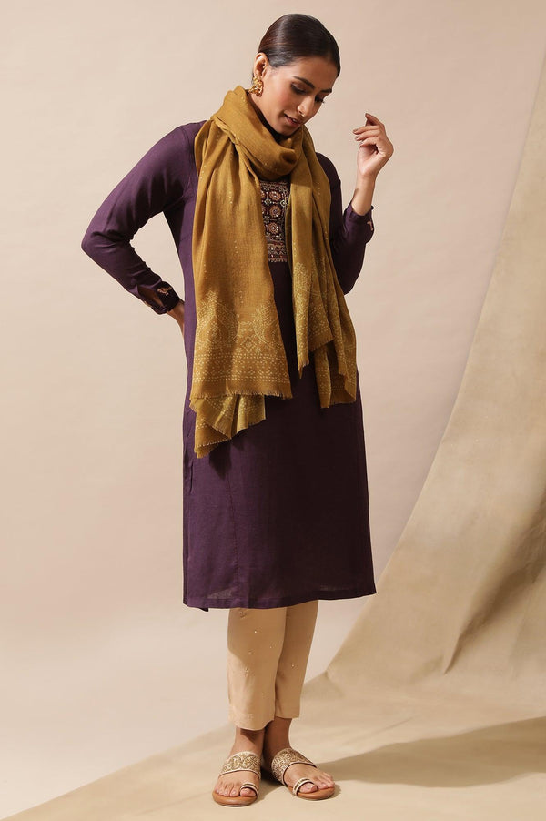 Dark Yellow Woollen Printed Shawl
