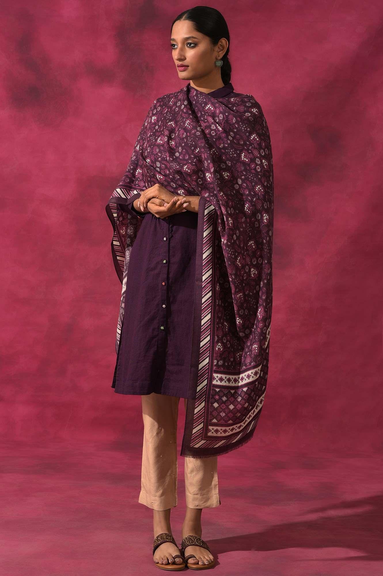 Brown Printed Woollen Shawl - wforwoman