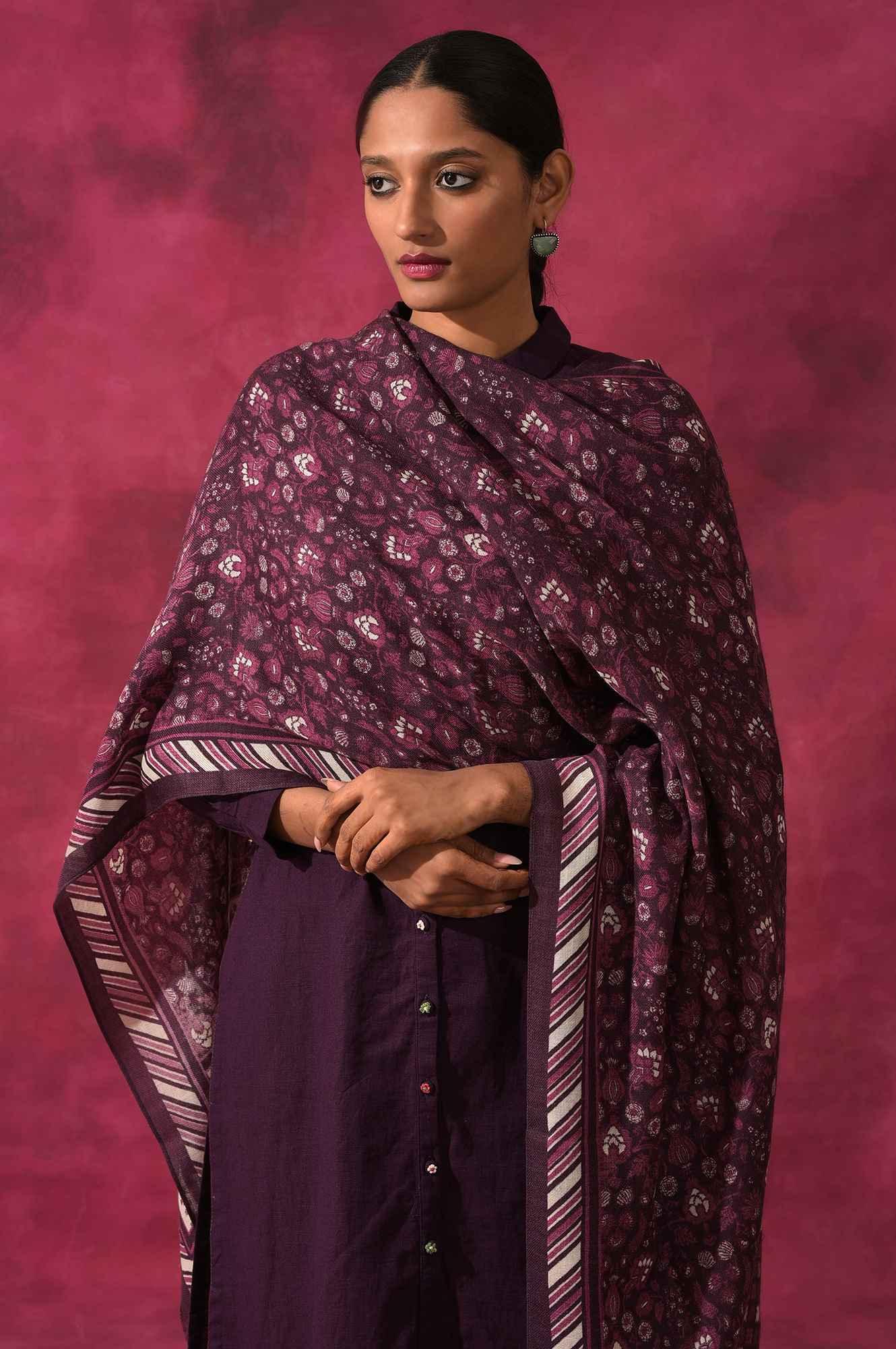 Brown Printed Woollen Shawl - wforwoman