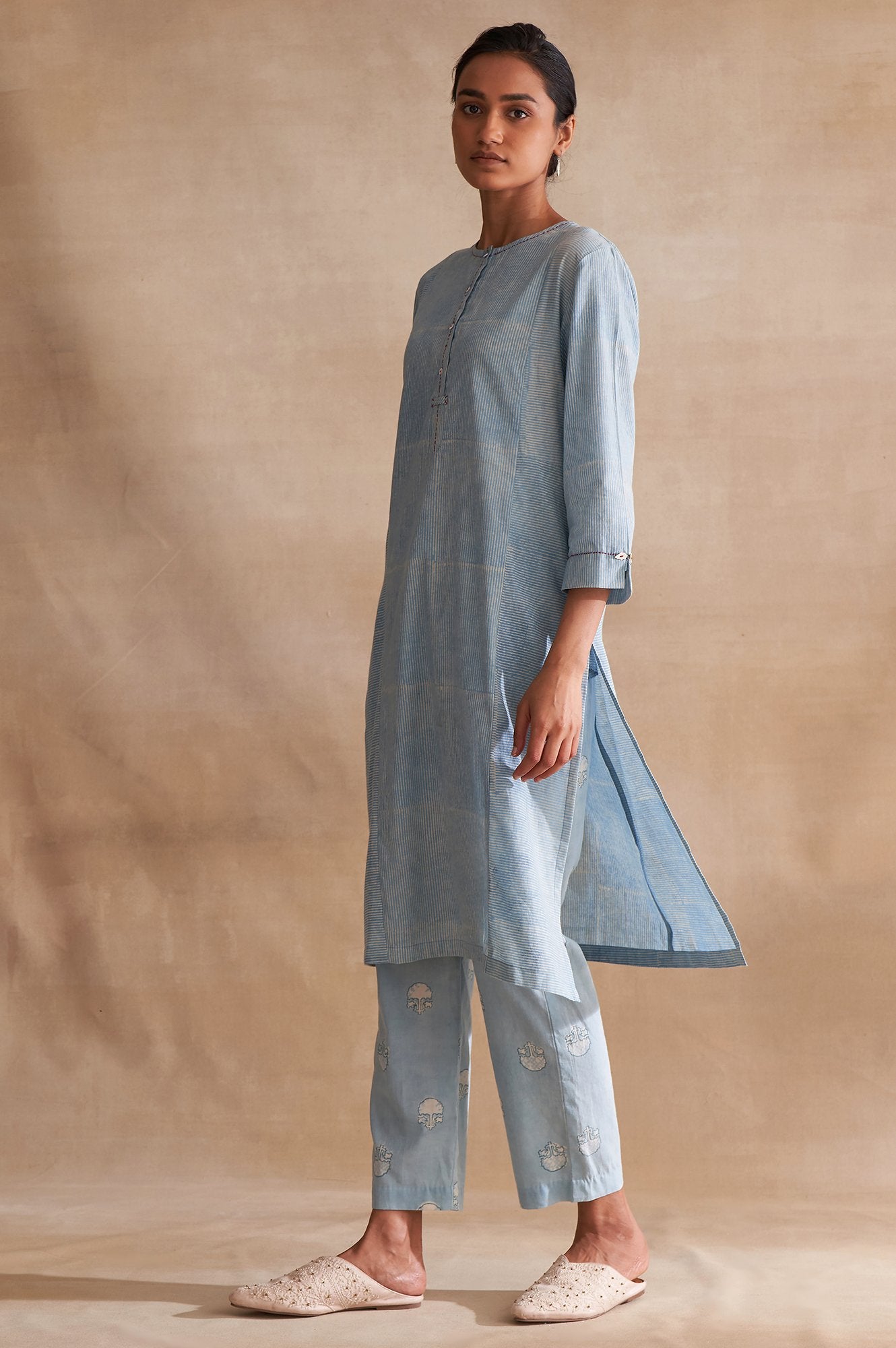 Folksong By W Light Blue Handblock Stripe Print kurta