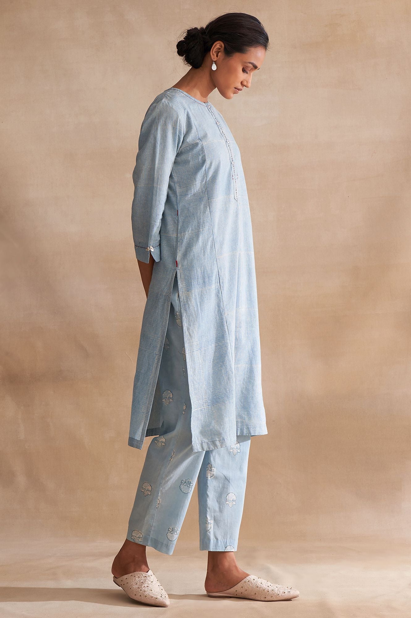 Folksong By W Light Blue Handblock Stripe Print kurta