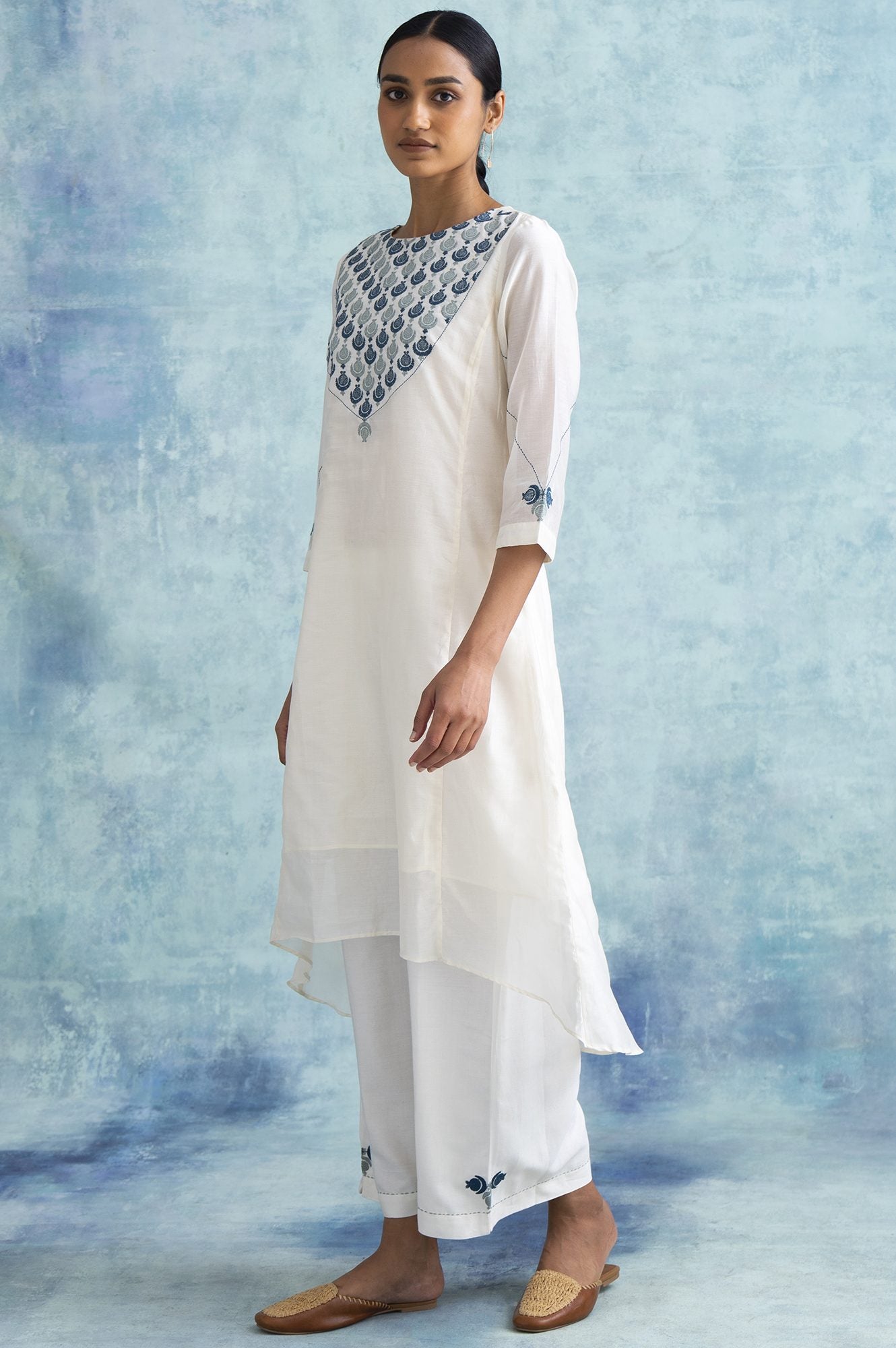 Ecru Embroidered Cotton Silk kurta