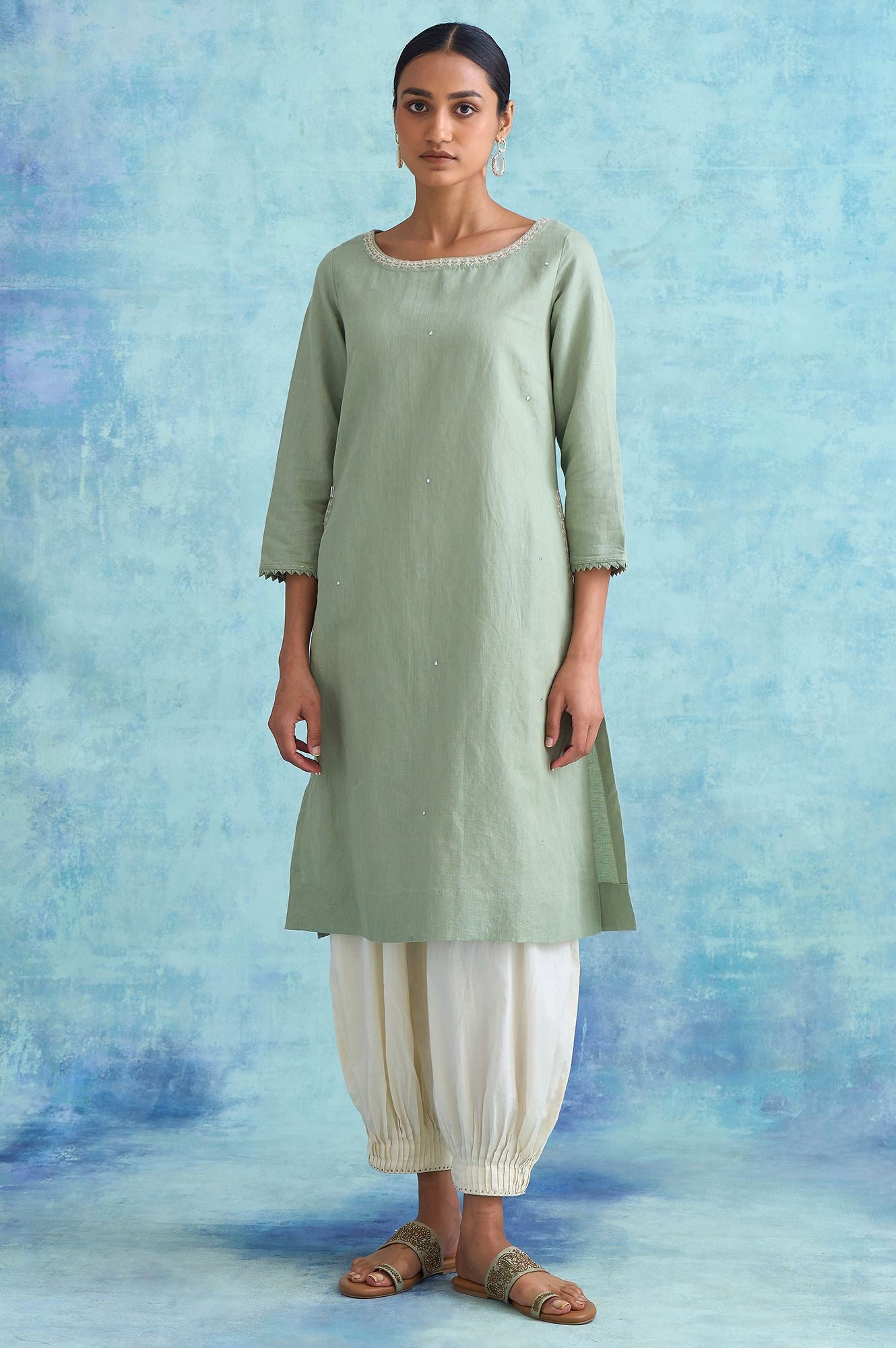 Folksong By W Sage Green Cotton Linen kurta