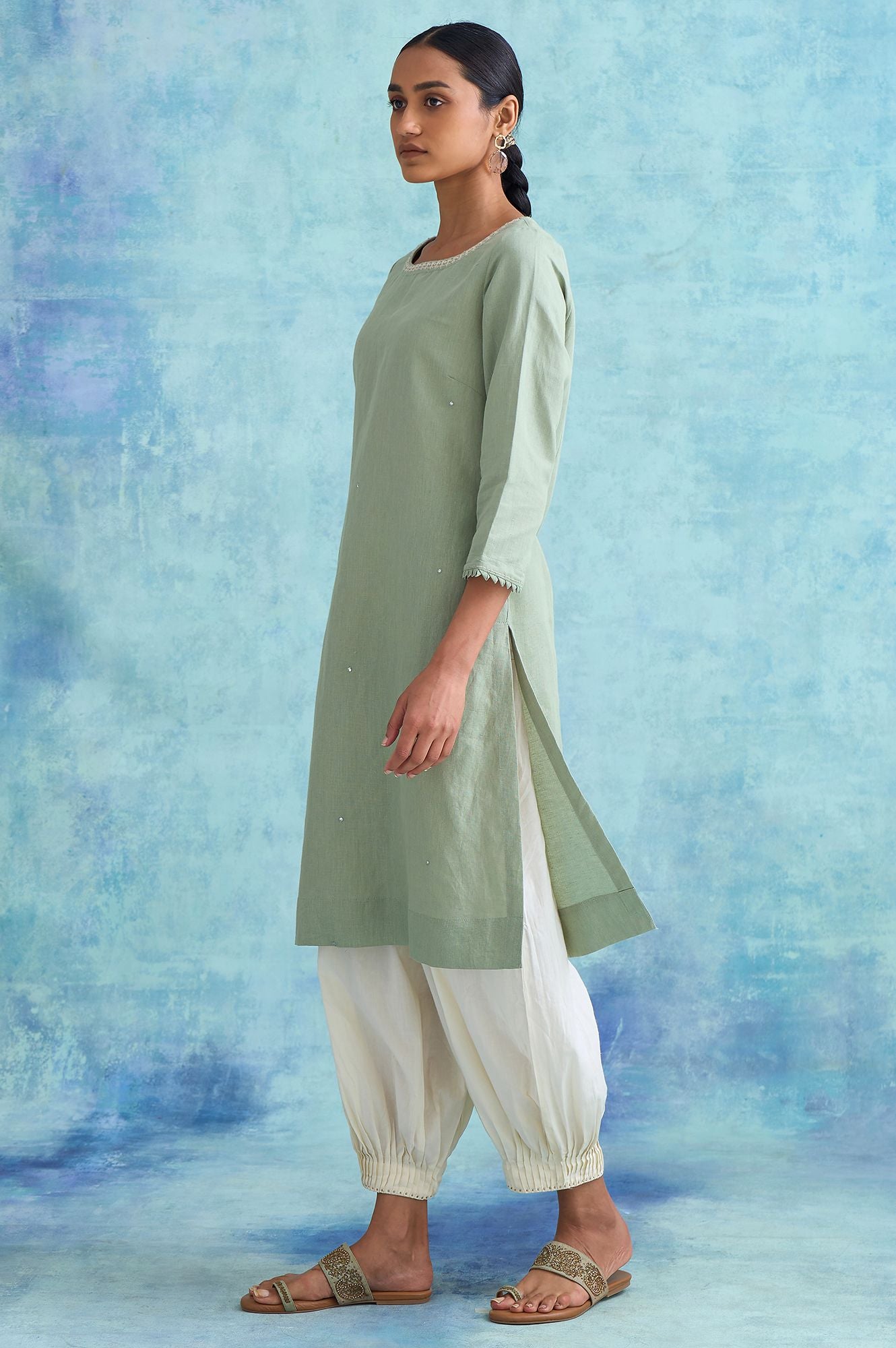 Folksong By W Sage Green Cotton Linen kurta