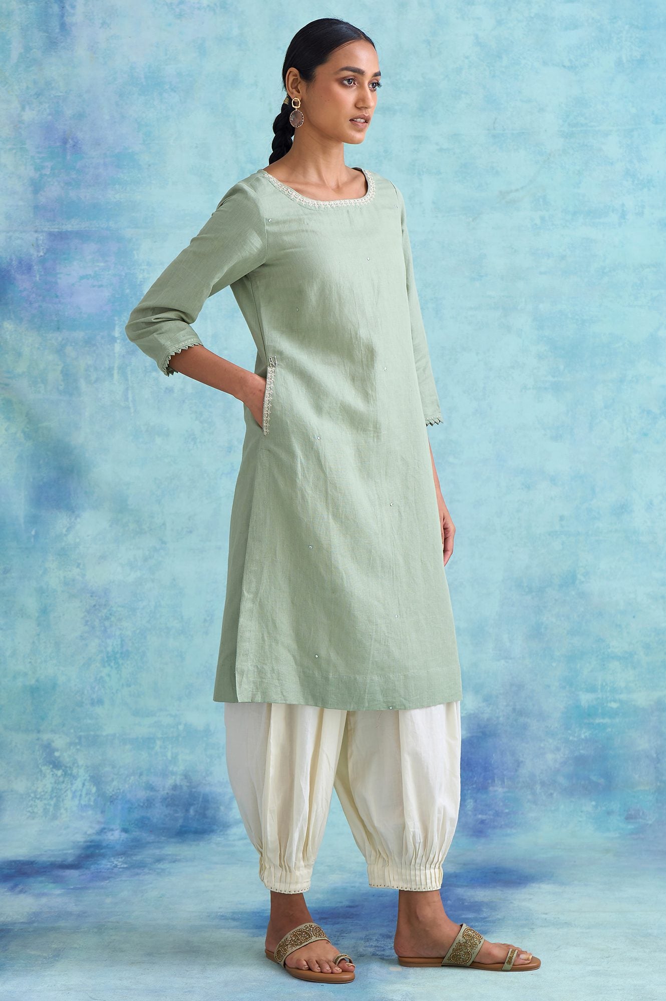 Folksong By W Sage Green Cotton Linen kurta