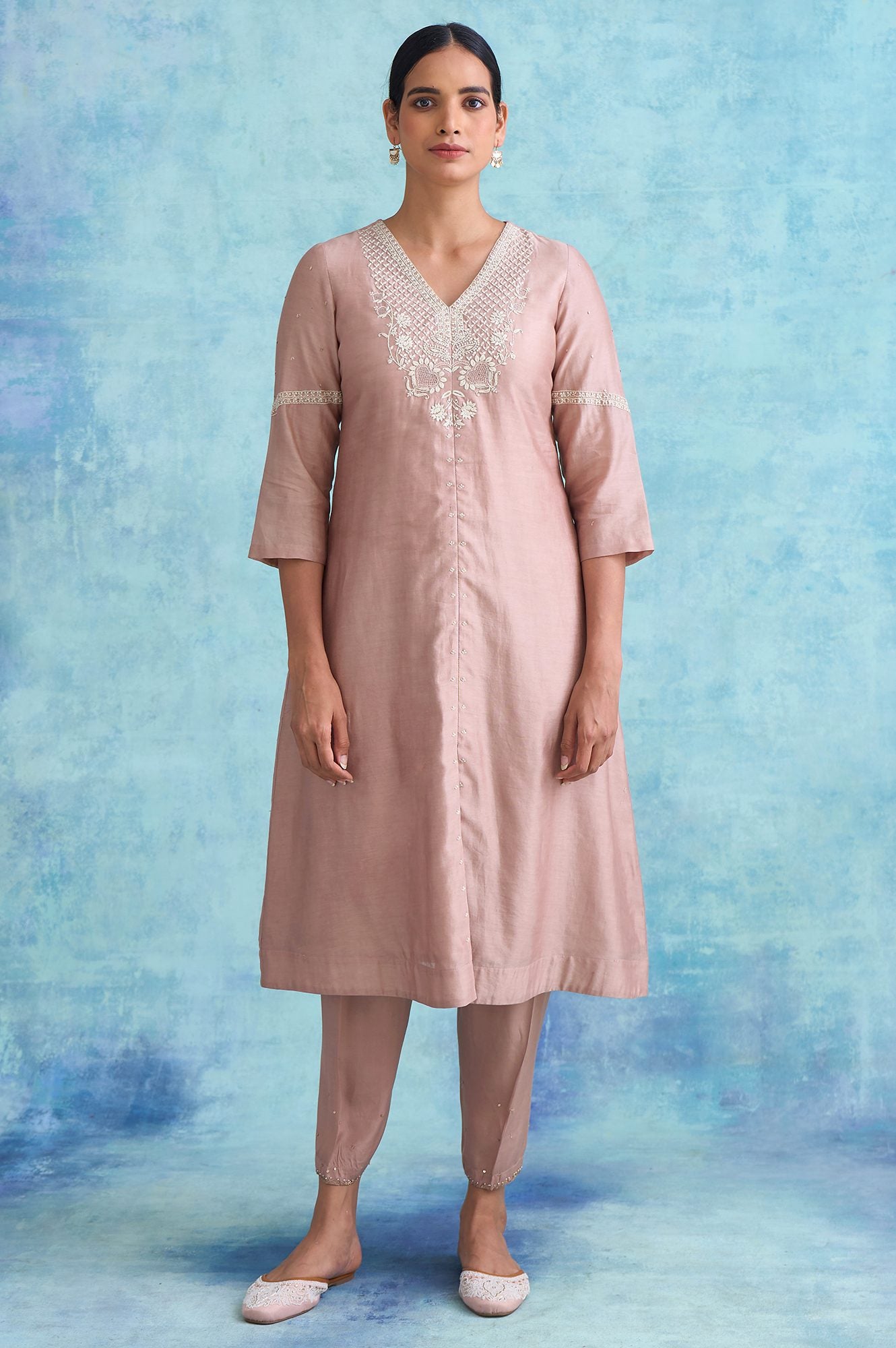 Folksong By W Dusty Pink Cotton Silk Chikankari kurta