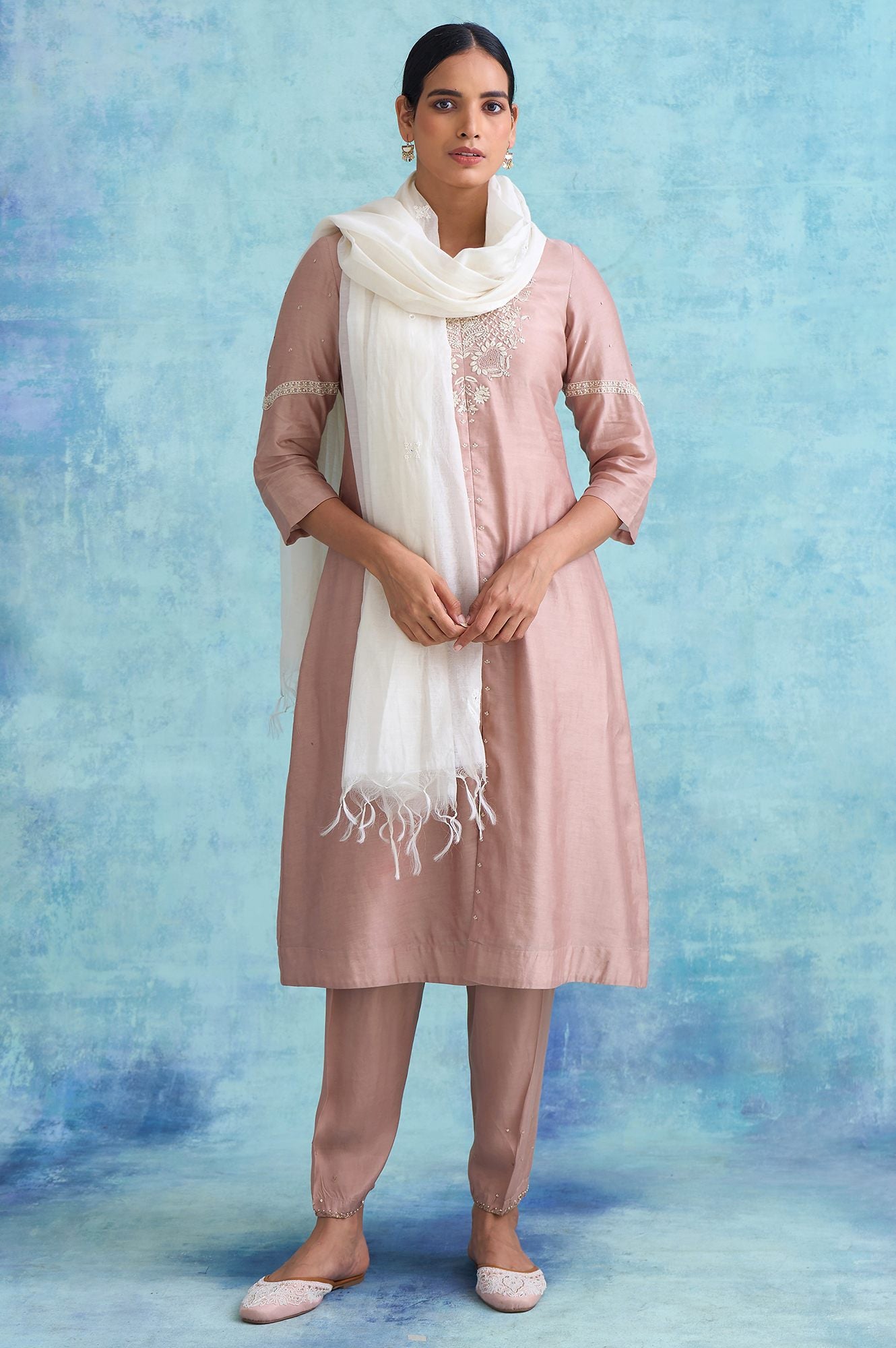 Folksong By W Dusty Pink Cotton Silk Chikankari kurta