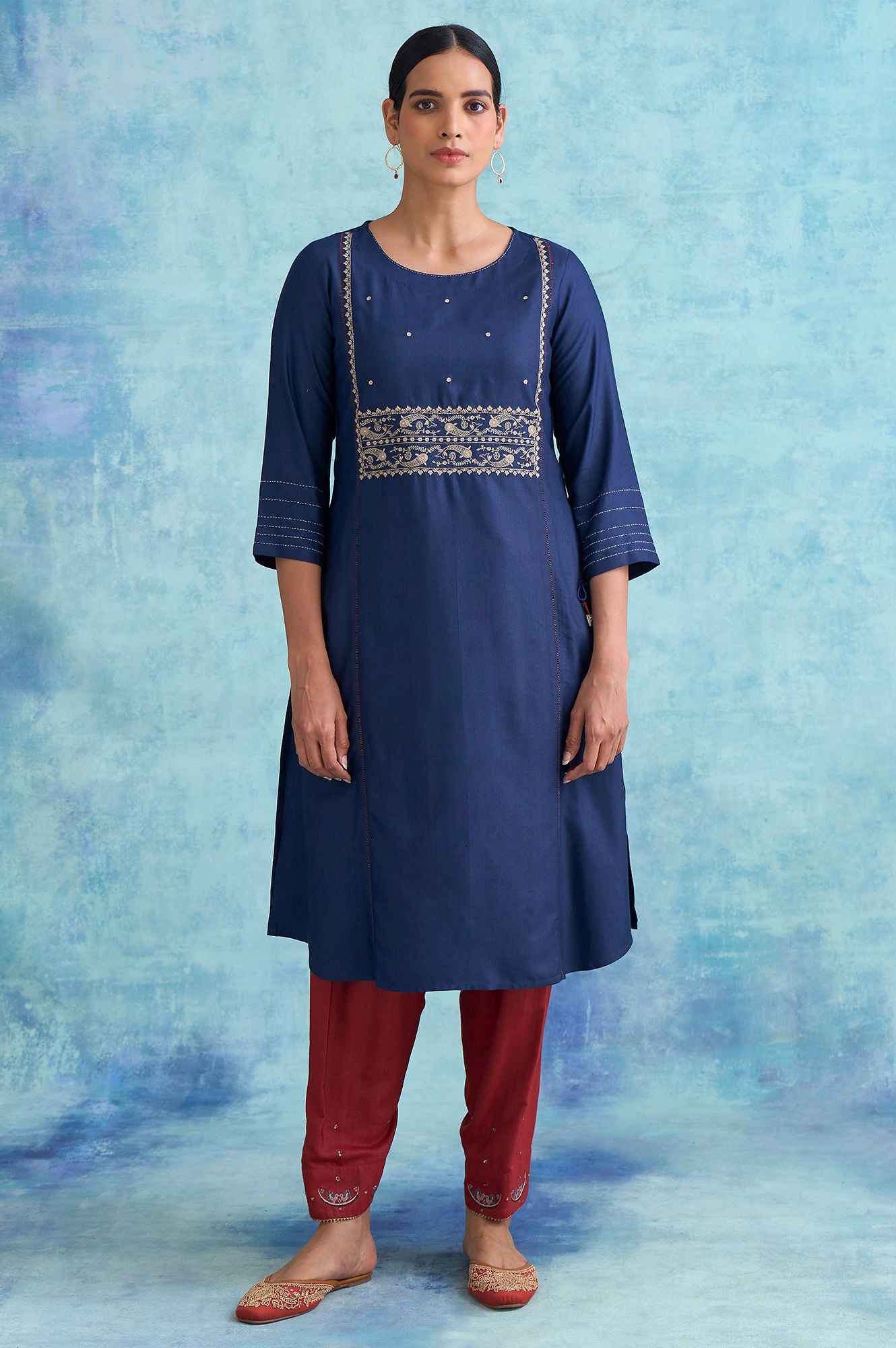 Folksong By W Navy Silk Viscose Tussar Embroidered kurta