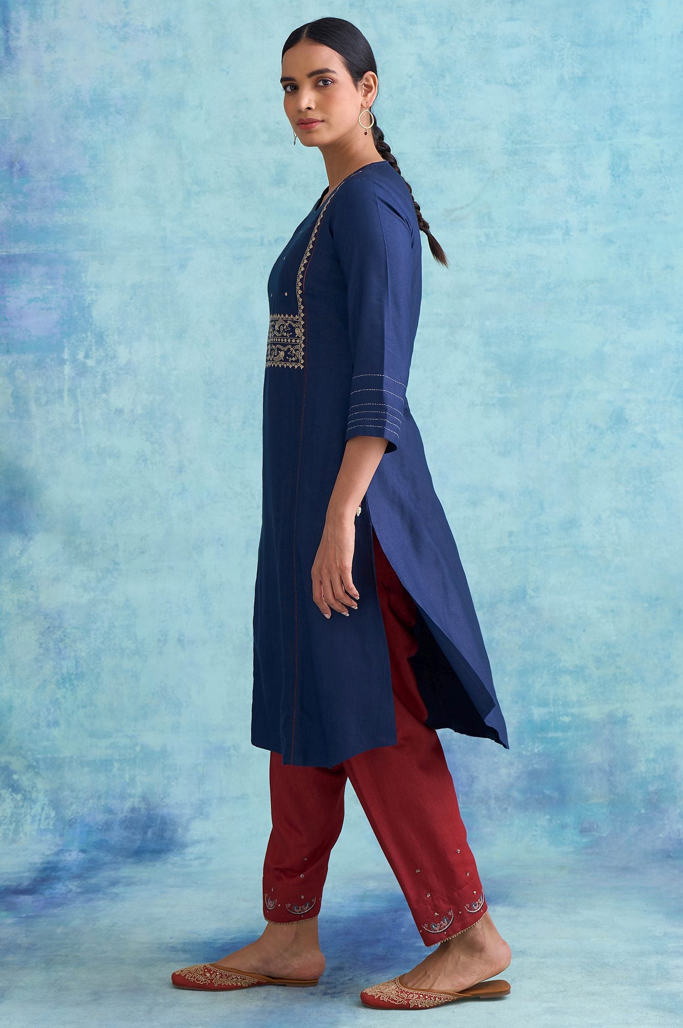 Folksong By W Navy Silk Viscose Tussar Embroidered kurta