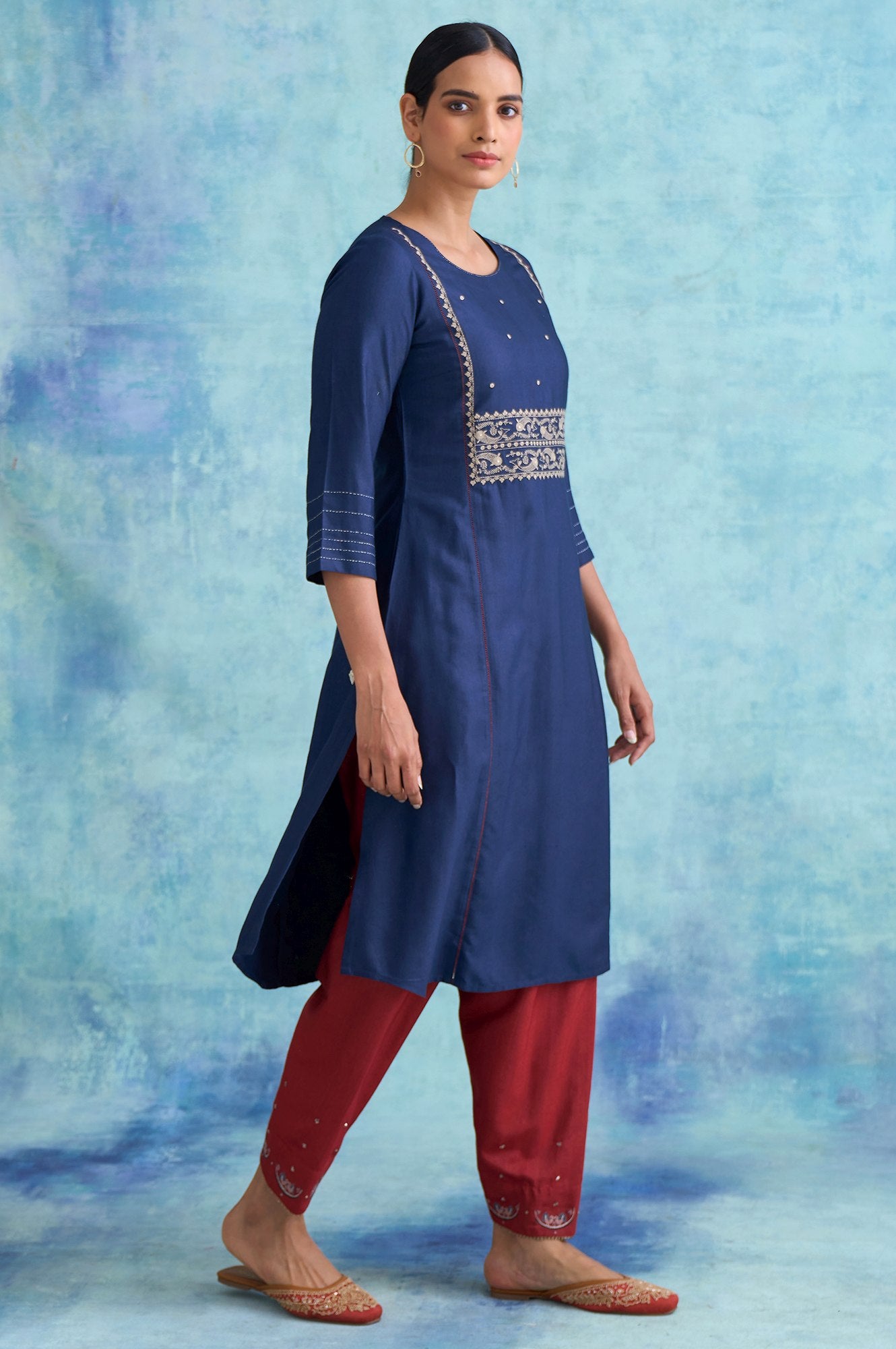 Folksong By W Navy Silk Viscose Tussar Embroidered kurta