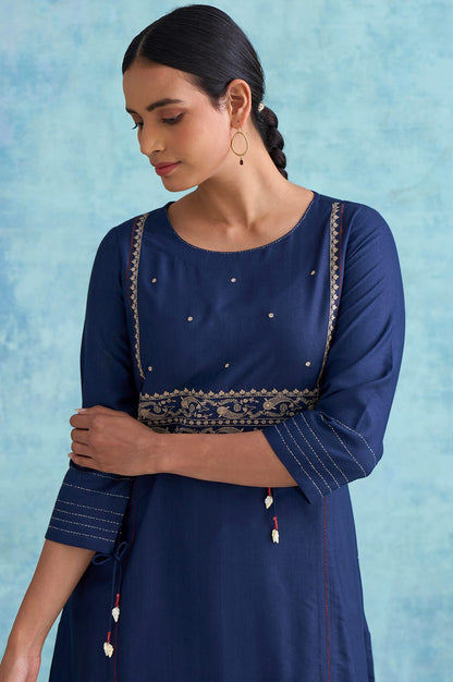 Folksong By W Navy Silk Viscose Tussar Embroidered kurta