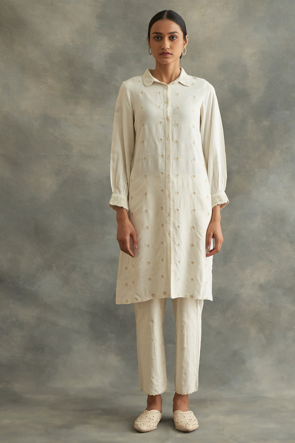 Ecru Embroidered Shirt Dress