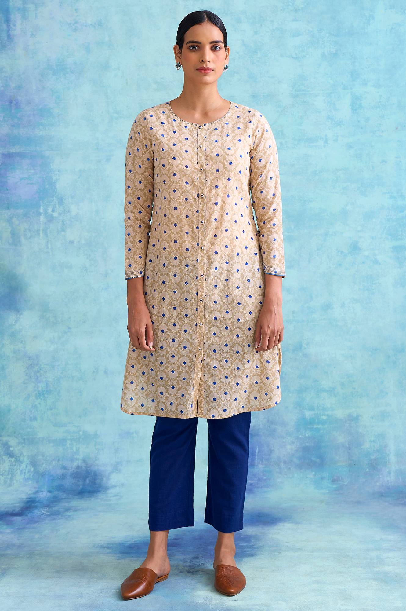 Folksong By W Beige Handblock Print Slub kurta