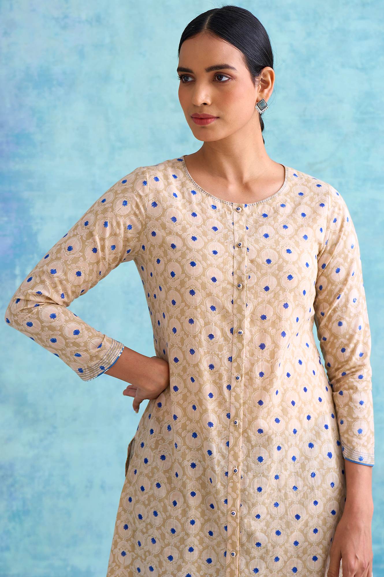 Folksong By W Beige Handblock Print Slub kurta