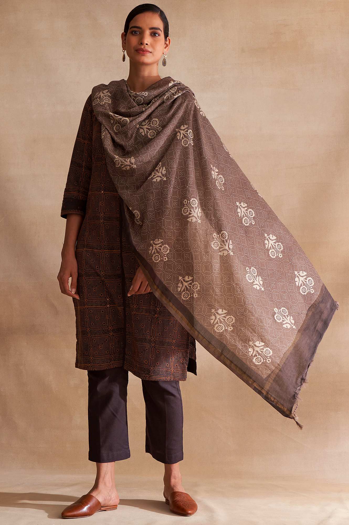 Folksong By W Dark Brown Handblock Print kurta