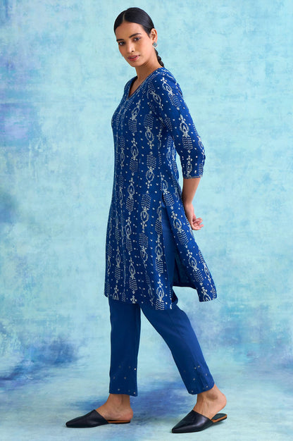 Folksong By W Indigo Dabu Print V-Neck kurta