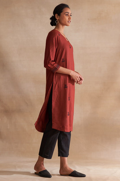Folksong By W Red Embroidered kurta In Silk Viscose Tussar