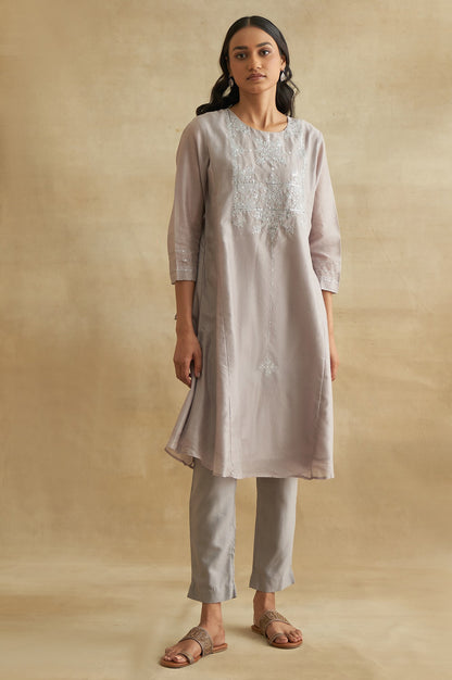 Light Grey Embroidered Cotton Silk kurta