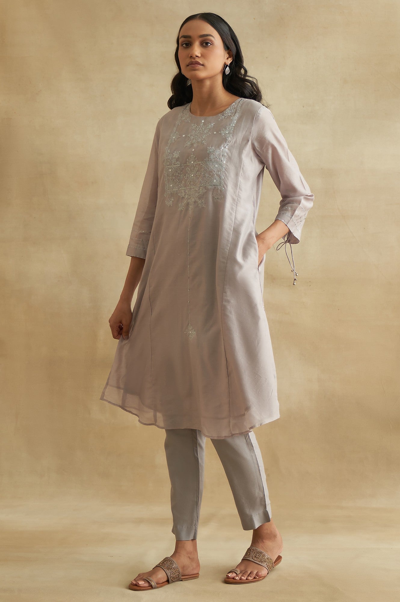 Light Grey Embroidered Cotton Silk kurta