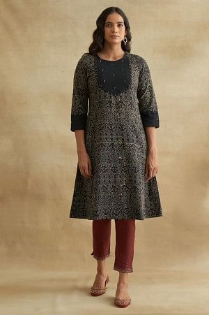 Black Handblock Printed Flared kurta