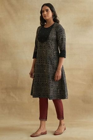 Black Handblock Printed Flared kurta