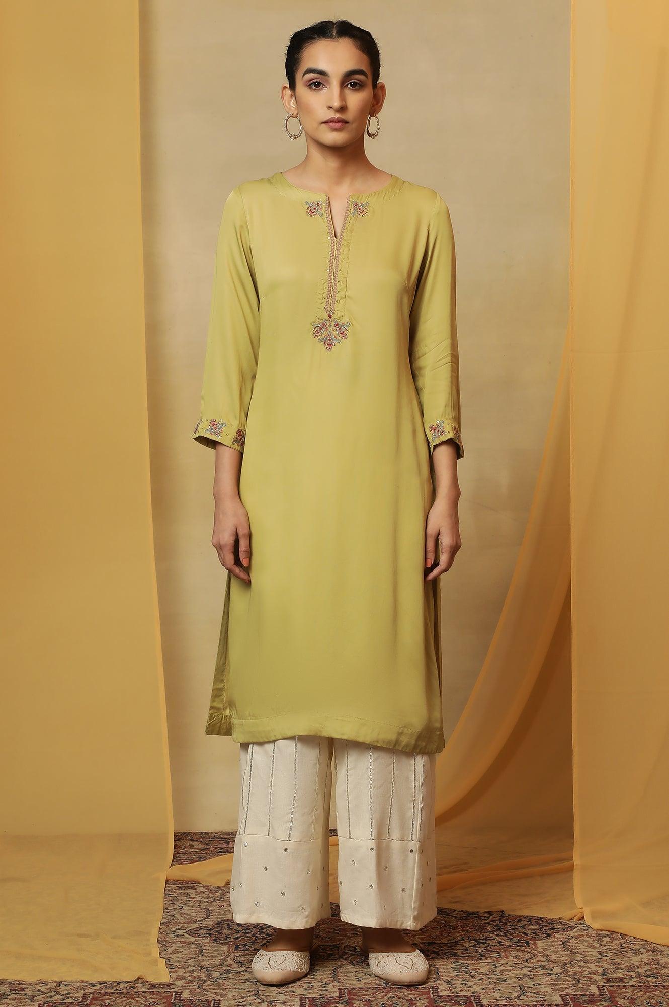 Pastel Green Lustrous Satin Kurta - wforwoman