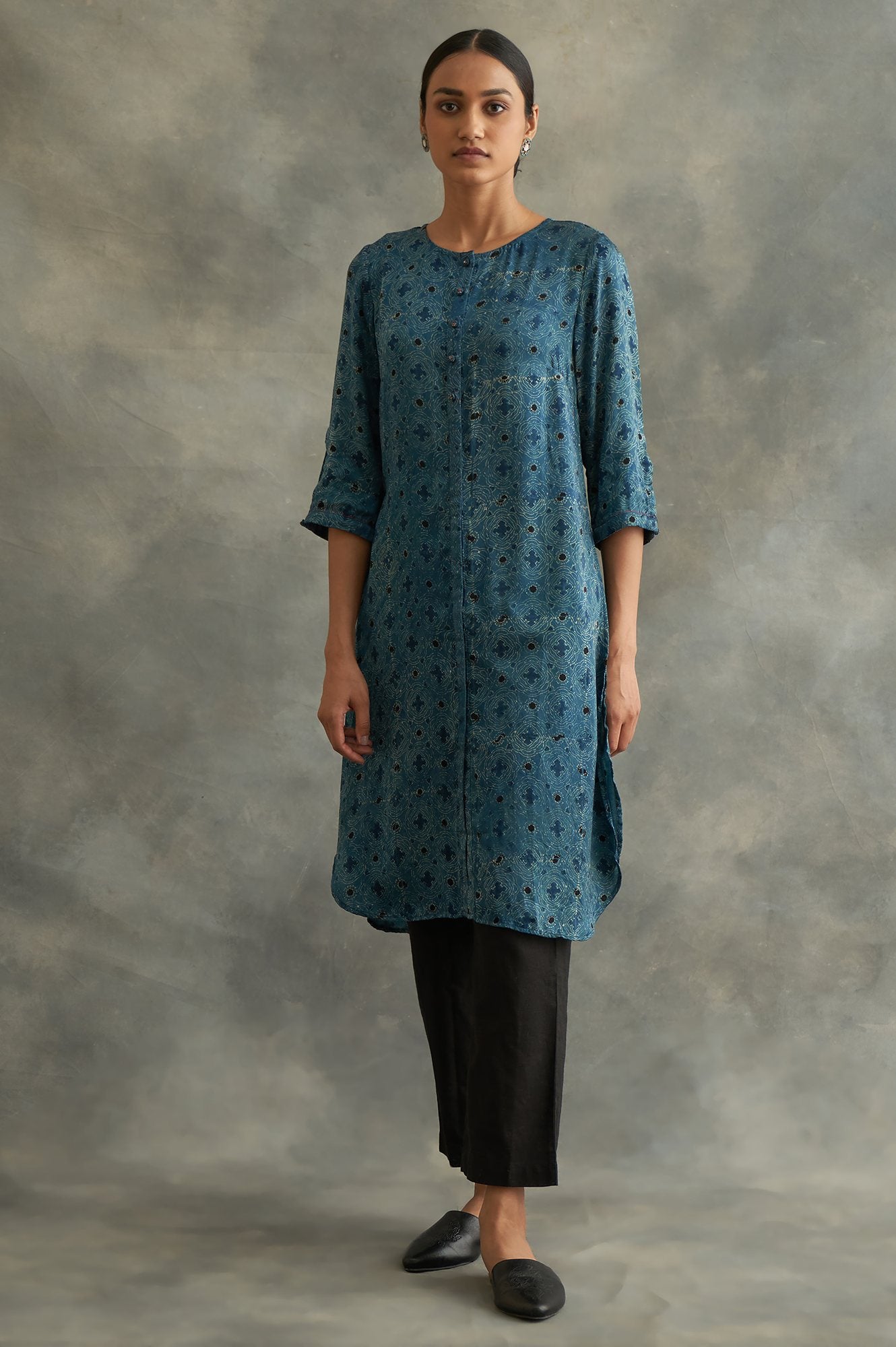 Indigo Ajrakh Print kurta In Lustrous Satin