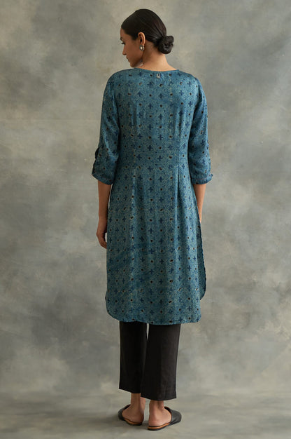 Indigo Ajrakh Print kurta In Lustrous Satin