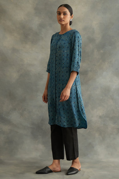 Indigo Ajrakh Print kurta In Lustrous Satin