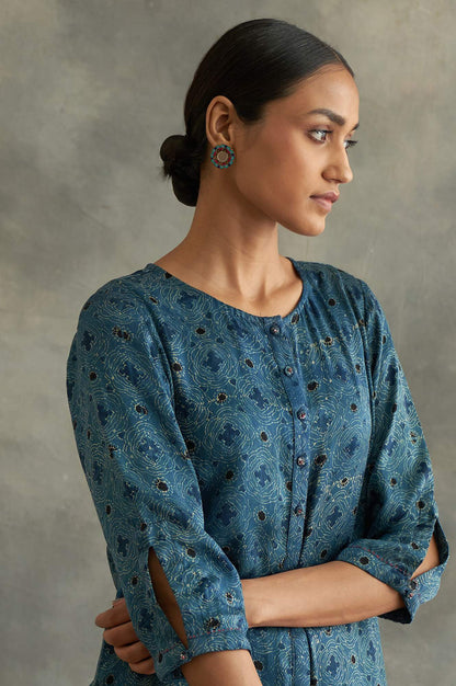 Indigo Ajrakh Print kurta In Lustrous Satin