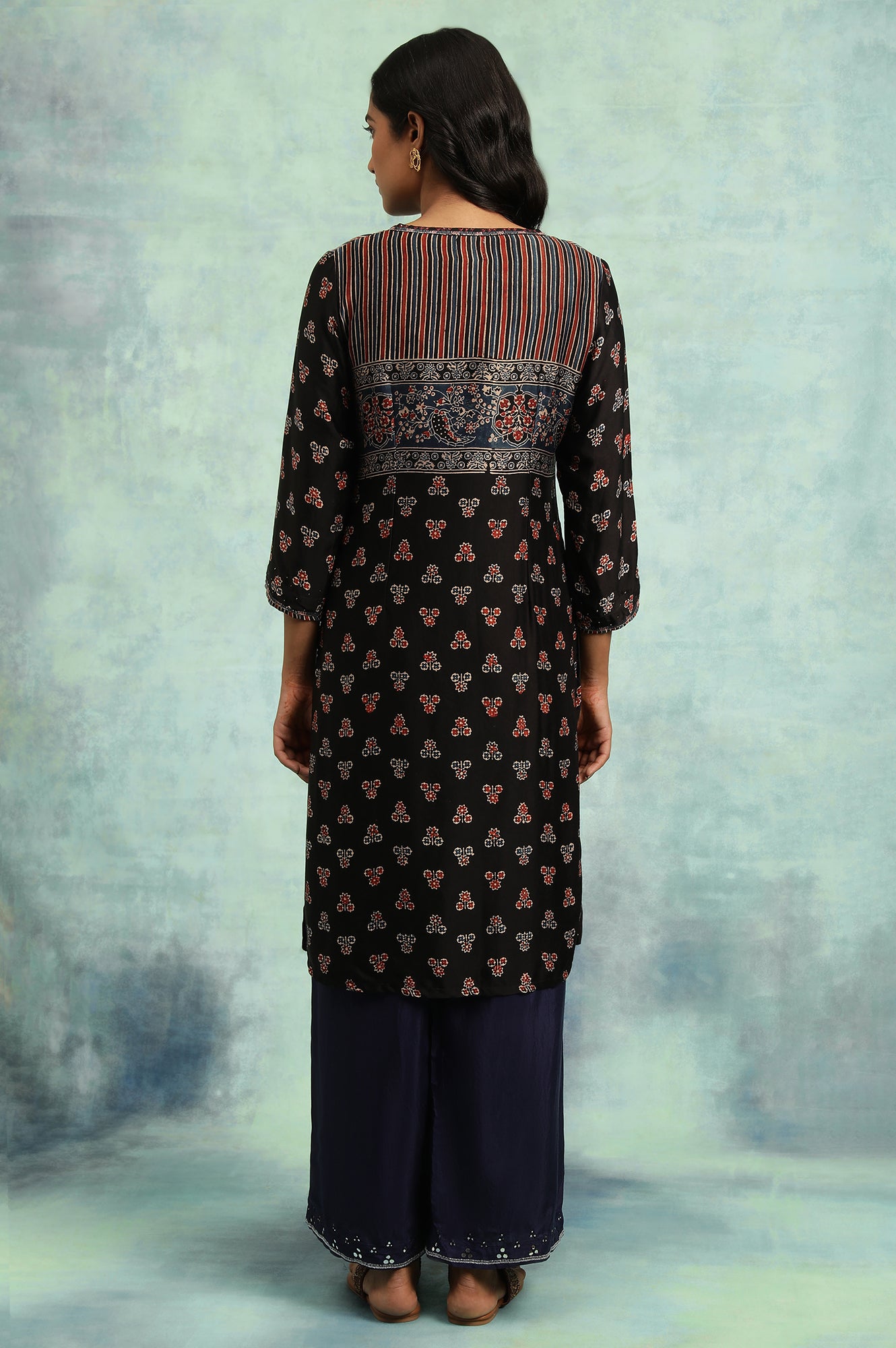 Black Ajrakh Print Lustrous Satin kurta