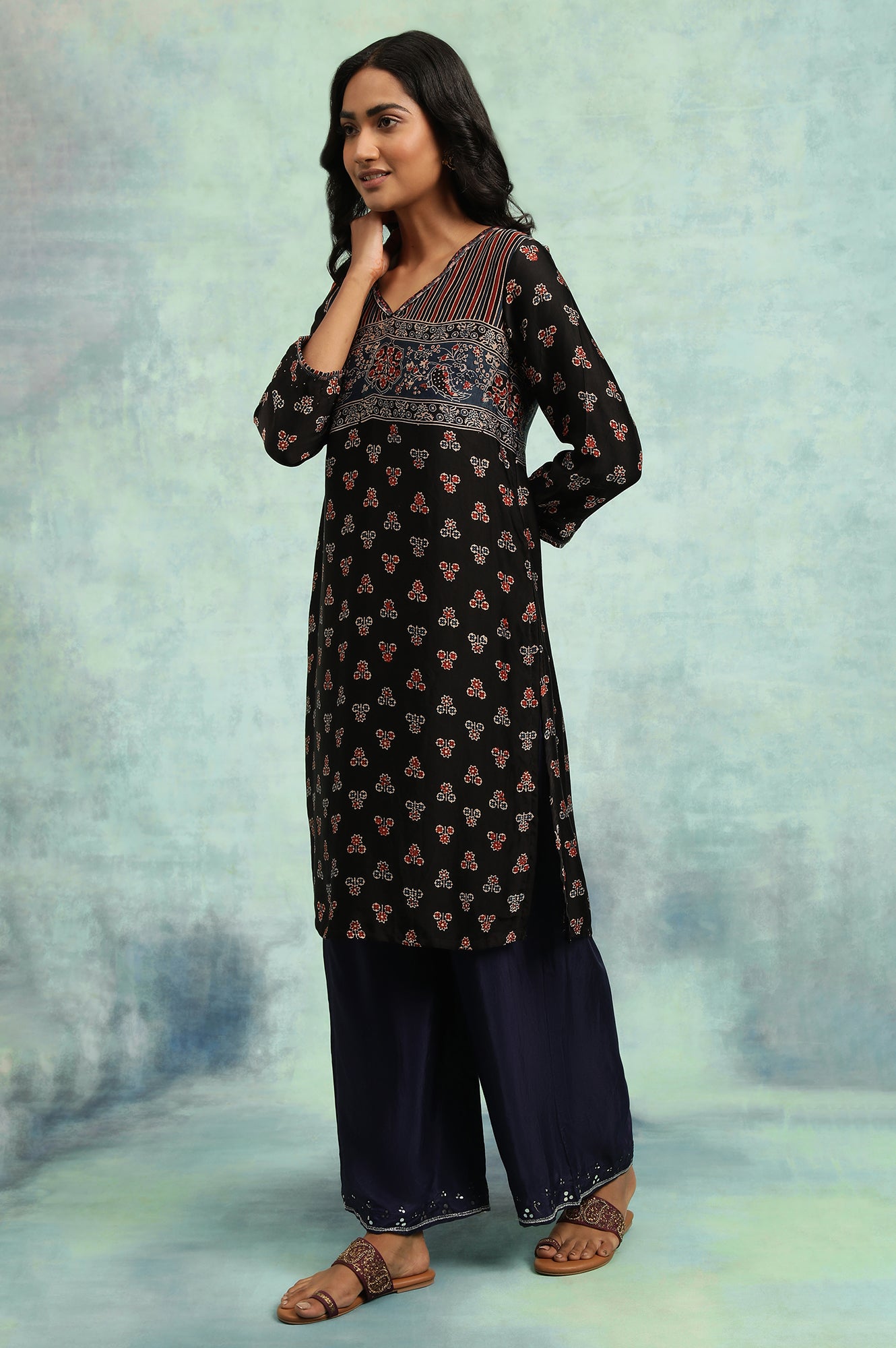 Black Ajrakh Print Lustrous Satin kurta