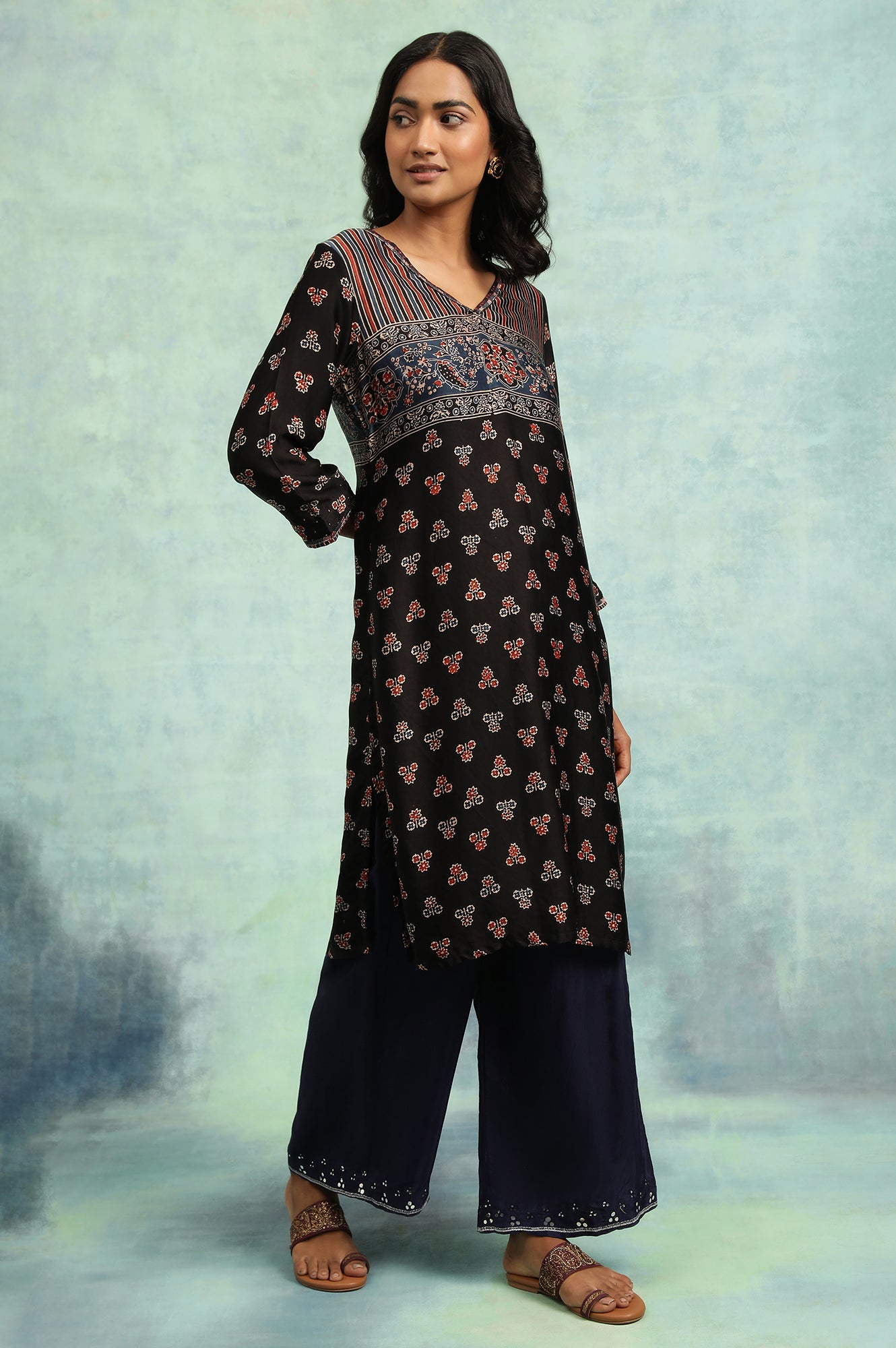 Black Ajrakh Print Lustrous Satin kurta