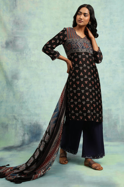 Black Ajrakh Print Lustrous Satin kurta