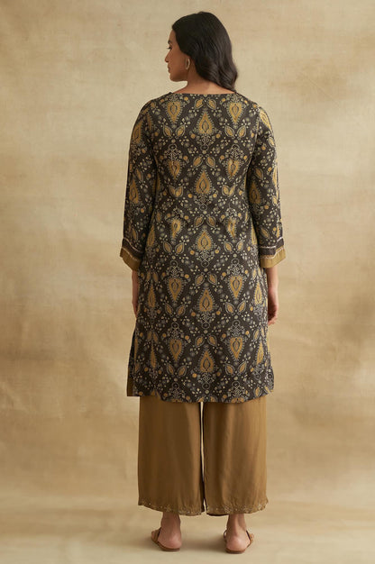 Dark Brown Ajrakh Print kurta In Fluid Satin