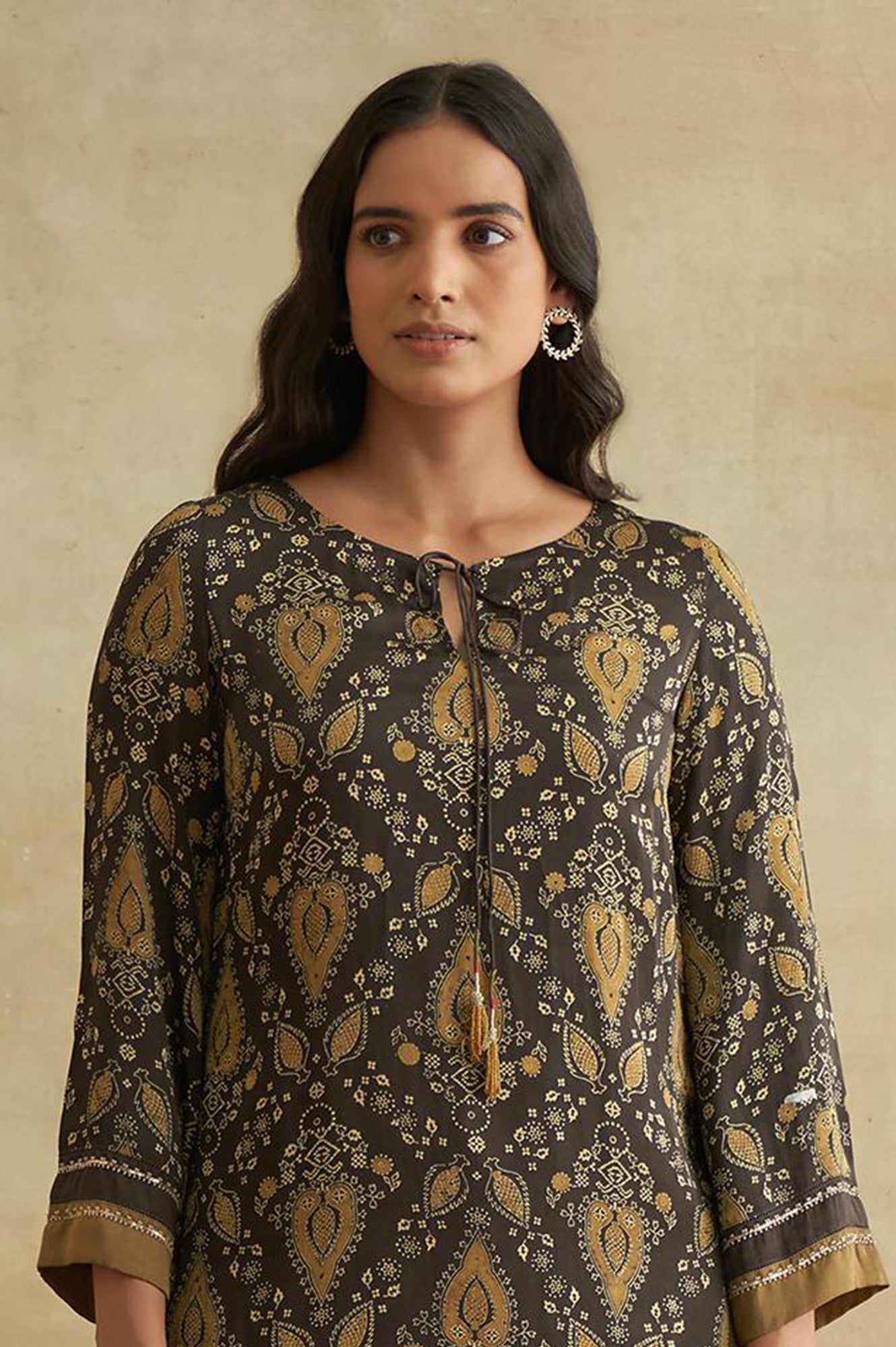 Dark Brown Ajrakh Print kurta In Fluid Satin