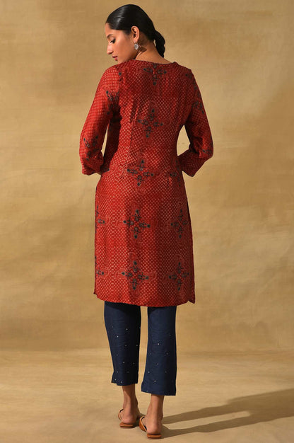 Red Ajrakh Print Lustrous kurta