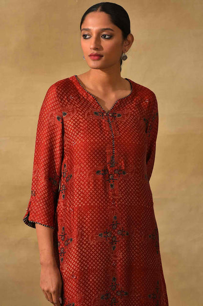 Red Ajrakh Print Lustrous kurta