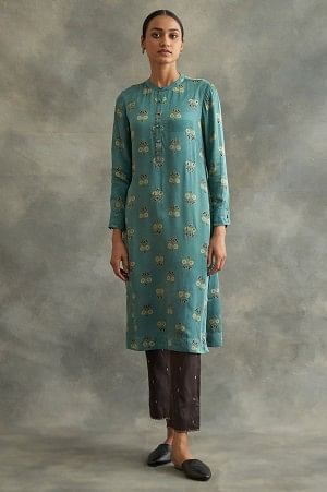 Blue Mandarin Neck Ajrakh Print kurta