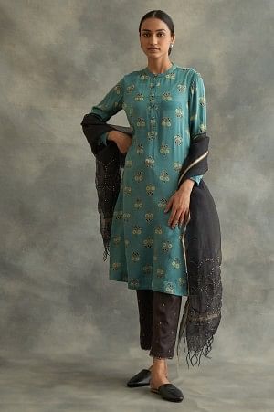 Blue Mandarin Neck Ajrakh Print kurta