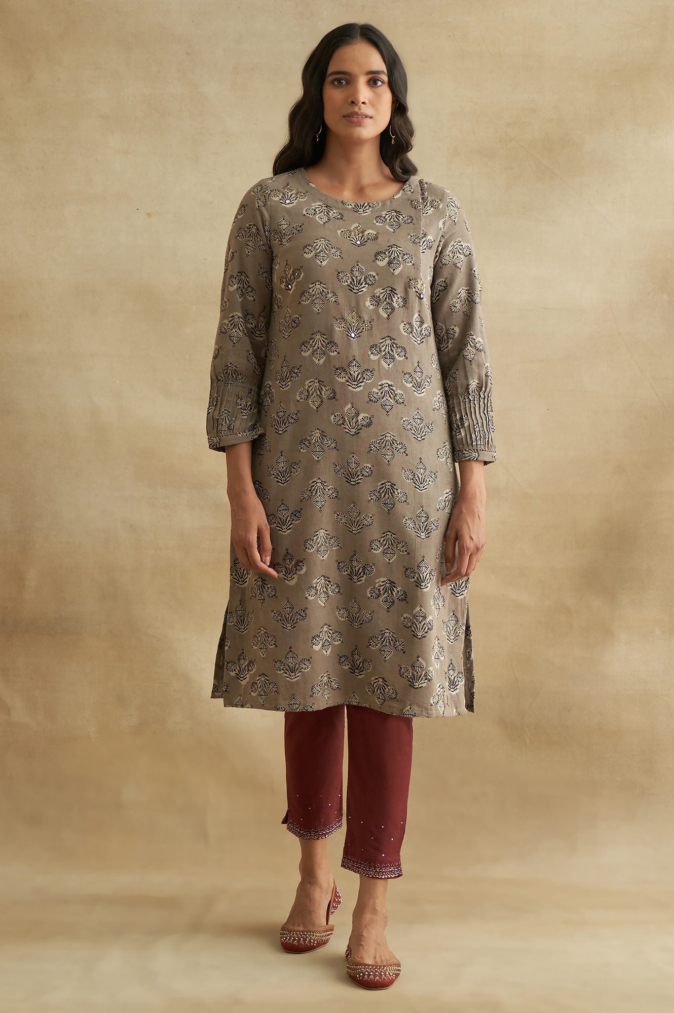 Grey Handblock Print Cotton Flax kurta