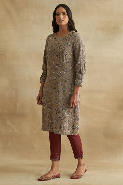 Grey Handblock Print Cotton Flax kurta