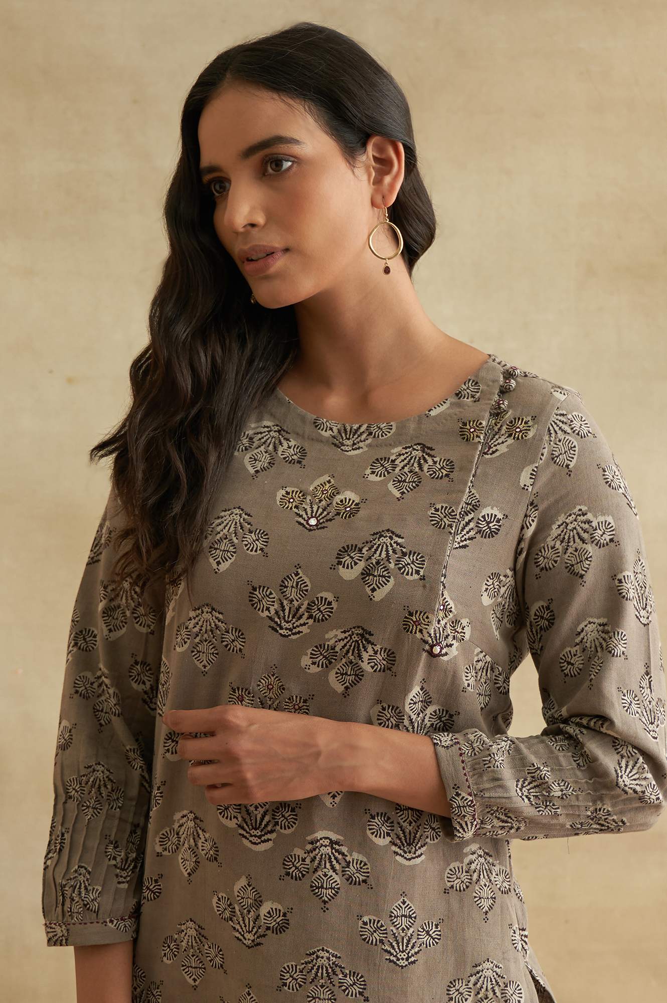 Grey Handblock Print Cotton Flax kurta