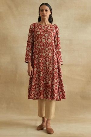 Red Ajrakh Print Boat Neck kurta