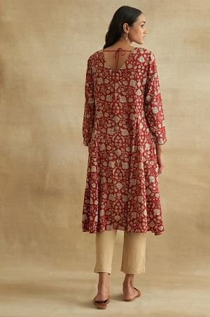 Red Ajrakh Print Boat Neck kurta