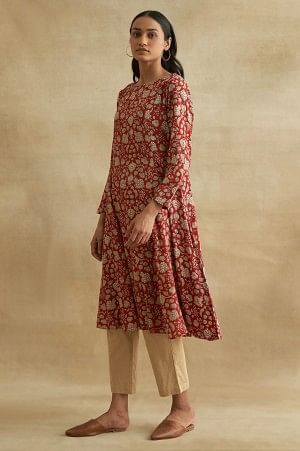 Red Ajrakh Print Boat Neck kurta